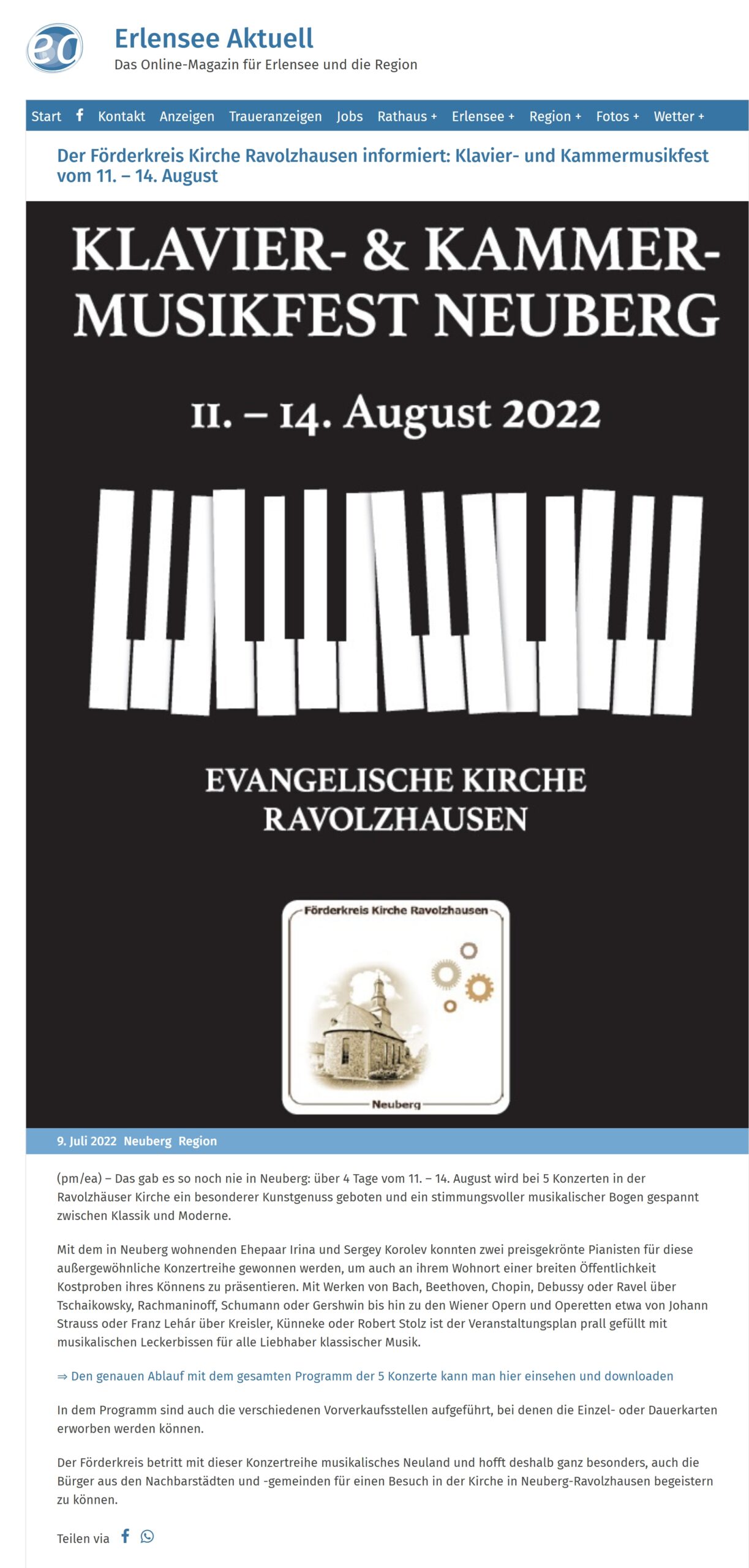 German article about the 2022 Neuberg Piano and Chamber Music Festival