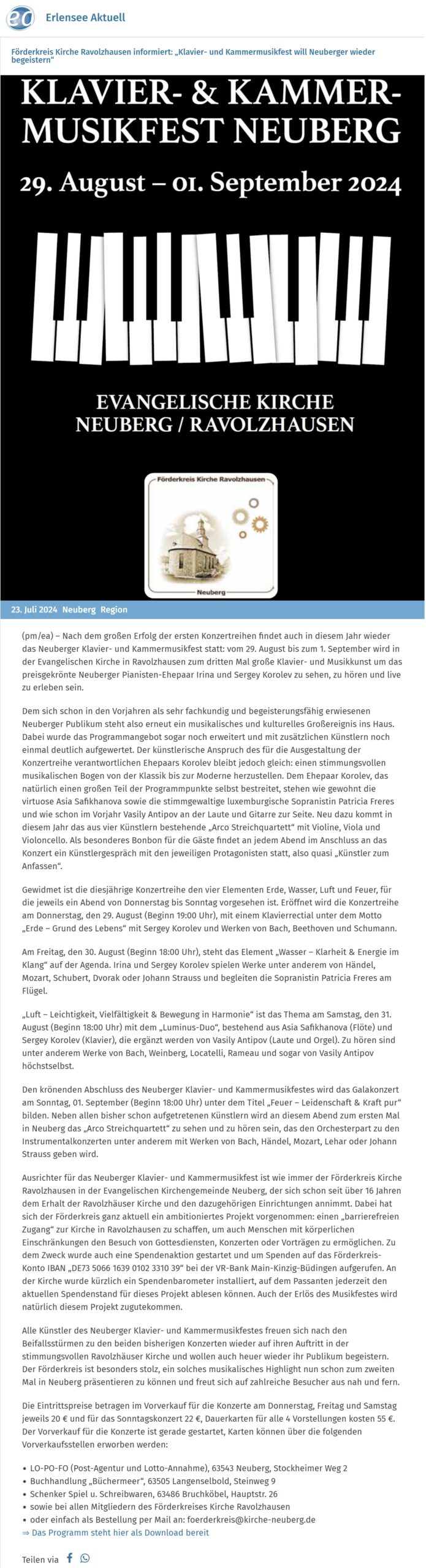 German article about the 2024 Neuberg Piano and Chamber Music Festival